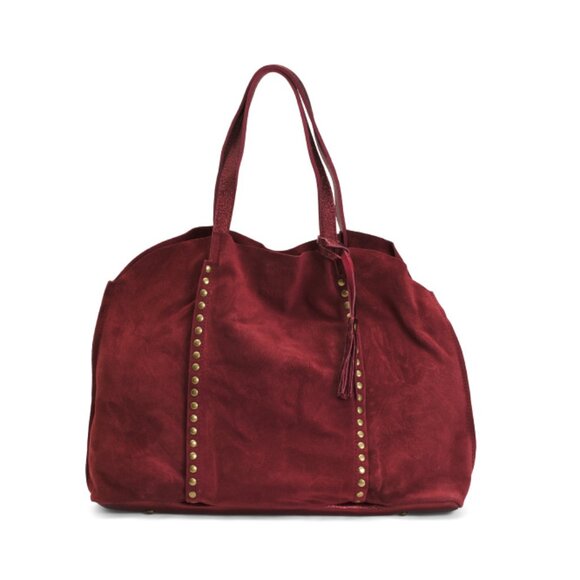 MARLON Bordo Made In Italy Suede Studded Slouchy Tote